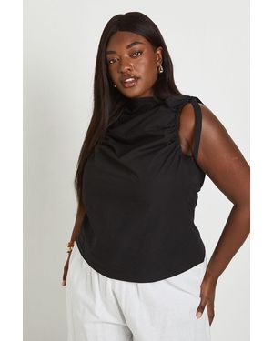 Boohoo Plus Tie Shoulder Poplin Top - Black