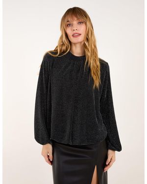 Blue Vanilla Metallic High Neck Puffball Top - Black