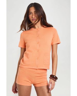 Boohoo Rib Knit Button Up Crew Neck Top And Micro Short Co-Ord - Orange