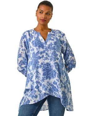 Roman Floral Print Wrap Hem Tunic Top - Blue