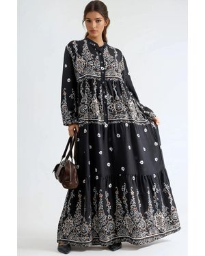 Hiccup Comfort Fit Patterned Maxi Dress With V-Neck - Black