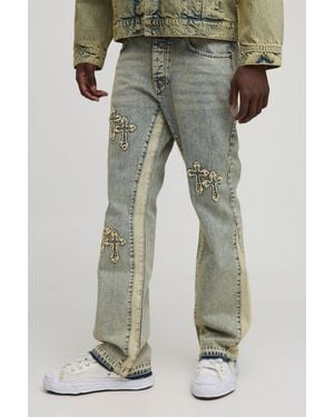BoohooMAN Slim Flared Cross Applique Panelled Jeans - Grey