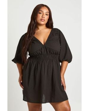 Boohoo Plus Linen Look Puff Sleeve Shirred Waist Skater Dress - Black