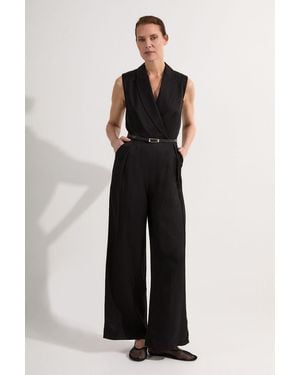 Karen Millen Premium Viscose Linen Tailored Belted Wide Leg Jumpsuit - Black