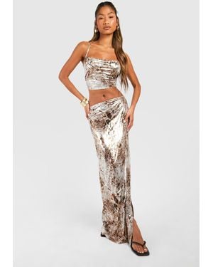 Boohoo Foil Maxi Skirt With Back Strap Detail - White