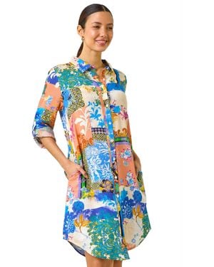 Roman Abstract Collared Shirt Dress - Blue