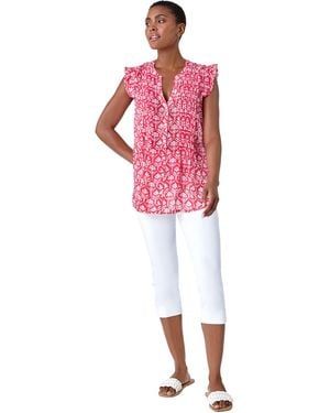 Roman Floral Print V-Neck Frill Sleeve Blouse - Pink