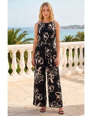 Roman Floral Print Chiffon Jumpsuit - Black