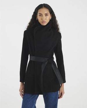 River Island Wrap Coat Faux Leather Trim - Black