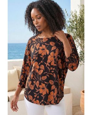Roman Leaf Print Raglan Sleeve Stretch Top - Orange