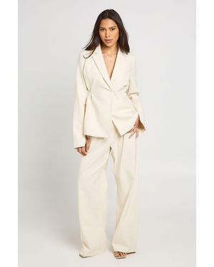 Boohoo Premium Linen Look Straight Leg Tailored Trousers - Natural
