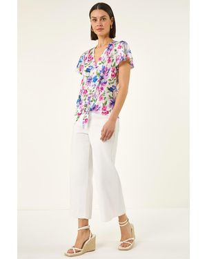 Roman Floral Print Tie Front Top - Natural