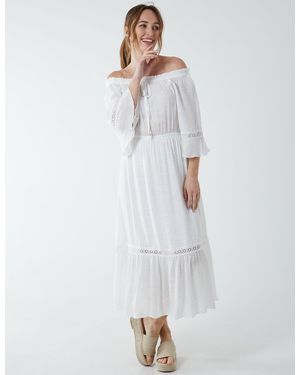 Blue Vanilla Off Shoulder Elasticated Lace Insert Midi Dress - White