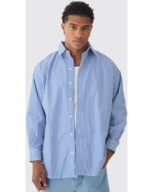 BoohooMAN Oversized Striped Long Sleeve Shirt In Blue