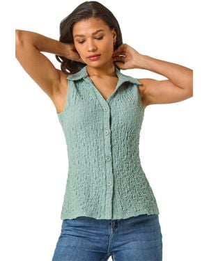 Roman Textured Sleeveless Buttoned Blouse - Green