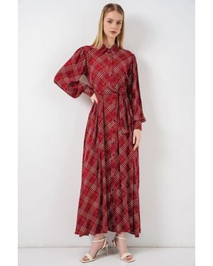 Bigdart Plaid Midi Shirt Dress With Button Closure - Red
