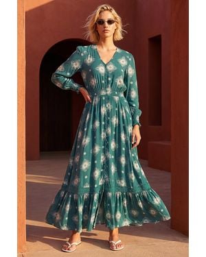 Roman Floral Lace Trim Midi Dress - Blue