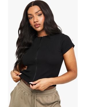 Boohoo Rib Double Zip Through Short Sleeve Top - Black