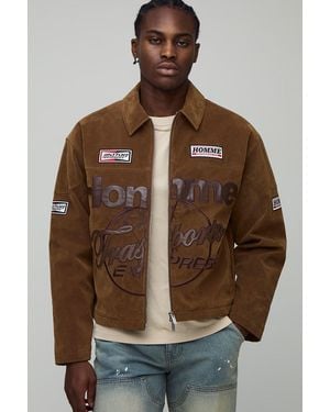BoohooMAN Boxy Fit Faux Suede Homme Varsity Bomber Jacket - Brown