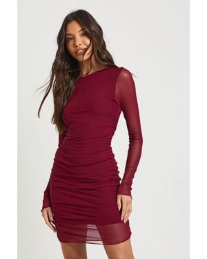 Boohoo Ruched Mesh Bodycon Mini Dress - Red
