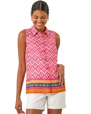 Roman Geo Border Print Button Blouse - Red