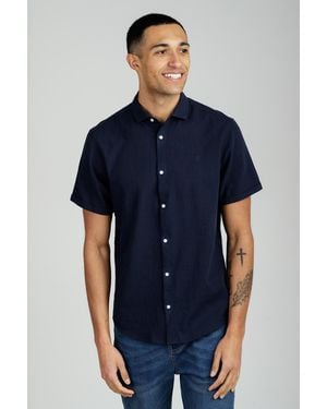 Nines Linen Blend Short Sleeve Button-Up Shirt - Blue
