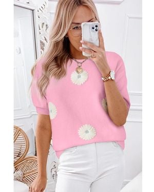 Azura Exchange Flower Pattern Short Sleeve Knitted Top Viscose - Pink