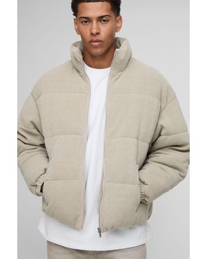 BoohooMAN Regular Fit Textured Faux Suede Funnel Neck Puffer Jacket - Natural