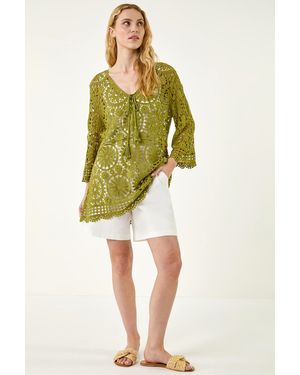 Roman Crochet Tie Front Knit Tunic - Yellow