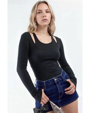 Busem Ribbed U Collar Long Sleeve Blouse - Blue