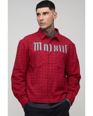 BoohooMAN Tall Oversized Boxy Microcheck Mmxiii Applique Double Pocket Long Sleeve Shirt - Red