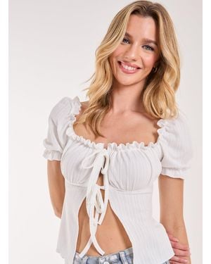 Pink Vanilla Tie Front Puff Sleeve Top - Natural