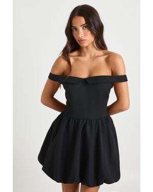 Boohoo Petite Sweetheart Neck Foldover Puff Ball Mini Dress - Black