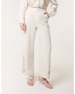Blue Vanilla Linen Flower Embroidery Trousers - Natural