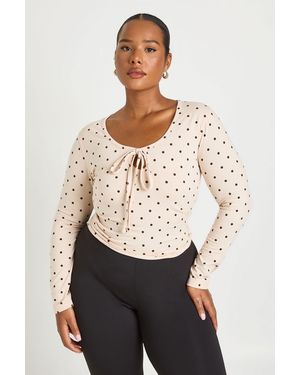 Boohoo Plus Polka Dot Long Sleeve Key Hole Top - Natural