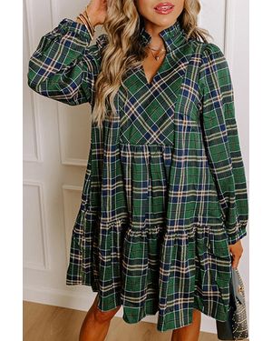 Azura Exchange Plaid Tiered Dress Long Sleeve - Green