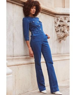 Sosandar Dark Slim Leg Button Front Denim Jumpsuit - Blue