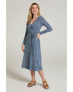 Mountain Warehouse 'Santorini' Midi Wrap Dress Long Sleeve Lightweight Tie Waist Outfit Cotton - Blue
