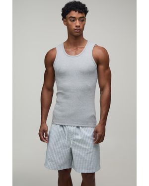 BoohooMAN Ribbed Muscle Fit Vest & Baggy Lounge Short Set - Grey
