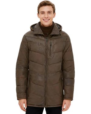 Infinity Leather Quilted Jacket Detachable Hood Puffer Winter Coat - Brown