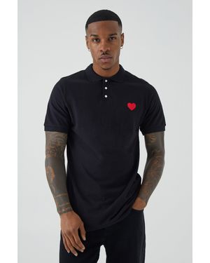 BoohooMAN Slim Fit Heart Short Sleeve Pique Polo - Blue