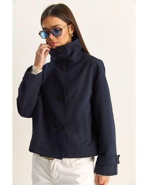 Bianco Lucci Short Mandarin Collar Trench Coat - Blue
