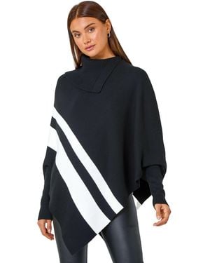 Roman Roll Neck Wool Blend Stripe Poncho - Blue
