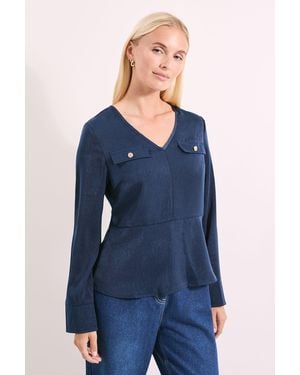 PRINCIPLES Pocket Detail Satin V Neck Blouse - Blue