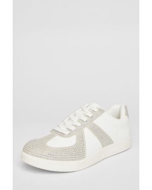Quiz Cream Faux Leather Diamante Trainers - Natural