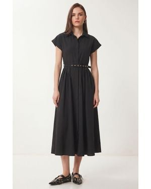 Happiness İstanbul Belted Poplin Shirt Midi Dress - Black