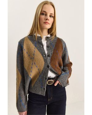 Bianco Lucci Argyle Pattern Crew Neck Cardigan - Black