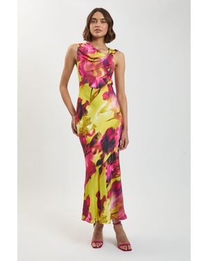 Karen Millen Viscose Satin Floral Print Asymmetric Shoulder Maxi Dress - White