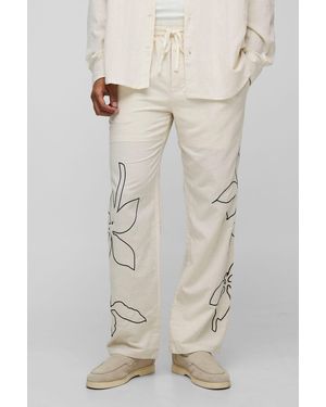BoohooMAN Elasticated Waist Relaxed Fit Embroidery Linen Blend Trousers - Natural