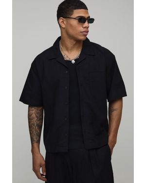 BoohooMAN Oversized Boxy Fit Short Sleeve Linen Blend Shirt - Black